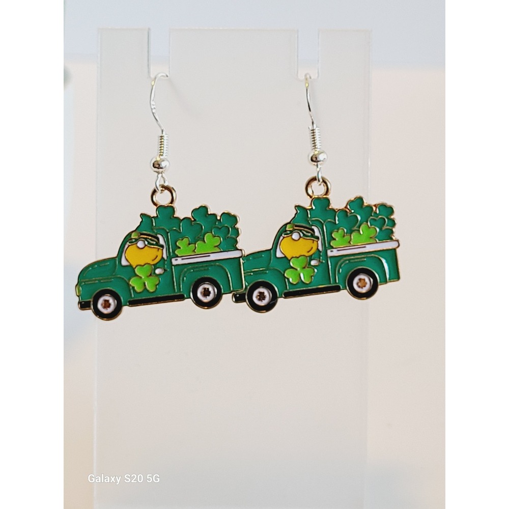 St Patricks Day Green Truck‎ Shamrock Enamel Drop Earrings Lucky Clover Jewelry